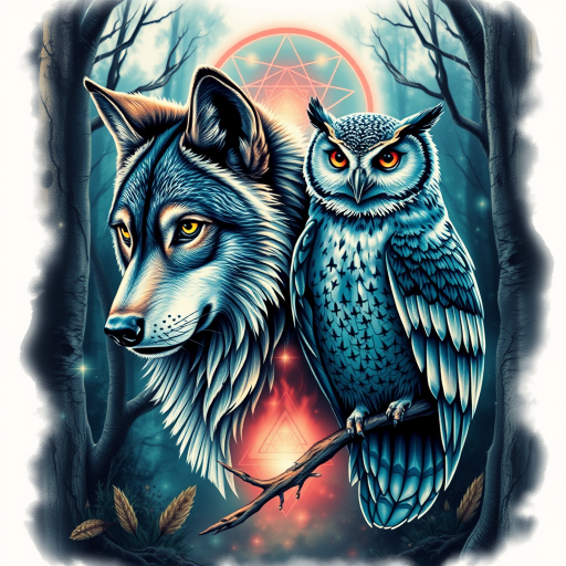 Photorealistic color tattoo titled "Nature's Guardians" showcasing a hyper-detailed wolf and owl in a mystical forest setting, with glowing eyes and ethereal aura effects, incorporating elements of sacred geometry in the background to enhance the magical atmosphere, perfect for a full back or chest piece