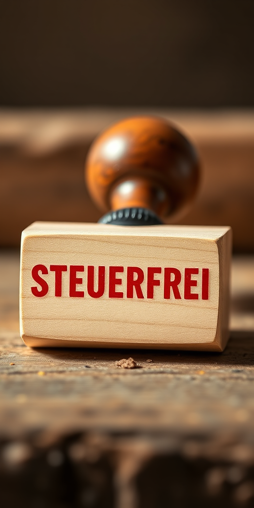 Create an image of a wooden stamp with the word STEUERFREI in bold red letters, using a DSLR camera, ISO 100, f/2.8 aperture, 50mm lens, natural lighting, and a shallow depth of field for enhanced clarity.