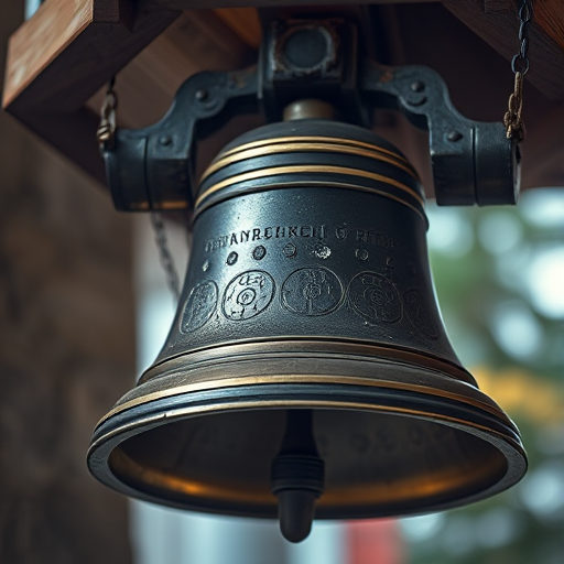 Regenerate the image of a bell, using a DSLR camera with a focal length of 50mm, aperture f/2.8, ISO 200, shot from a slightly low angle for depth, in high dynamic range to enhance details and improve color contrast.
