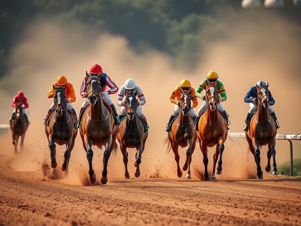 Capture a dynamic horse racing scene with jockeys in colorful outfits riding at full speed, dust clouding behind them on a dirt track, shot from a low angle for dramatic effect, using a DSLR camera with a 50mm lens at f/2.8, shutter speed 1/1000s, ISO 400, vibrant colors and high contrast for clarity.