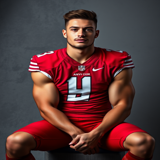 A muscular male football player in a red NFL jersey sitting confidently against a textured gray background, using a Canon EOS 5D Mark IV, 50mm lens, f/2.8 aperture, ISO 100, 1/200 sec shutter speed, shot in portrait mode with soft studio lighting for enhanced detail and clarity.