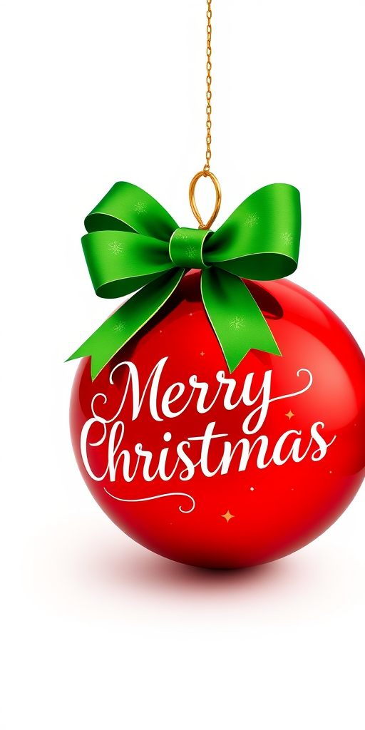 Create a high-resolution illustration of a red Christmas ornament with a green bow, featuring elegant cursive text that says "Merry Christmas," shot with a DSLR camera at f/2.8 aperture, ISO 100, 50mm lens, using a soft lighting setup to enhance colors and textures in a studio environment.