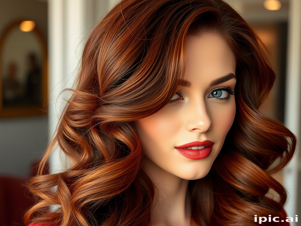 Glamorous old Hollywood waves in rich auburn, deep side part with cascading curls, channeling vintage elegance and timeless sophistication