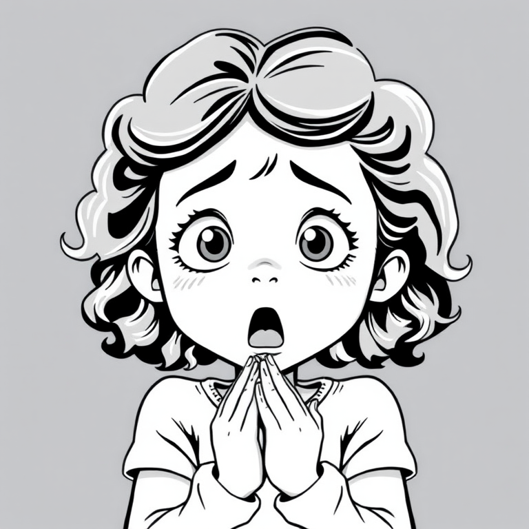 The image is a black and white illustration of a young girl with curly hair. She has a surprised expression on her face with her mouth open and her hands clasped together in front of her chest. Her eyes are wide and her eyebrows are furrowed. Her hair is styled in loose curls that are cascading down her back. The overall mood of the image is one of shock or surprise.