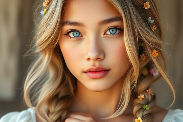 Create an image of a young Thai woman with long, wavy blonde hair, adorned with small, colorful flowers woven into her braids and loose strands. Her complexion is fair, with soft, glowing skin, and she has light blue eyes that gaze softly at the viewer. She wears a light, flowing dress with a gentle, ethereal quality, complementing her delicate and serene appearance. The background is slightly blurred, drawing focus to her tranquil expression and the intricate details of the flowers in her hair. The overall mood of the image is one of natural beauty and grace, evoking a sense of peacefulness and connection with nature.