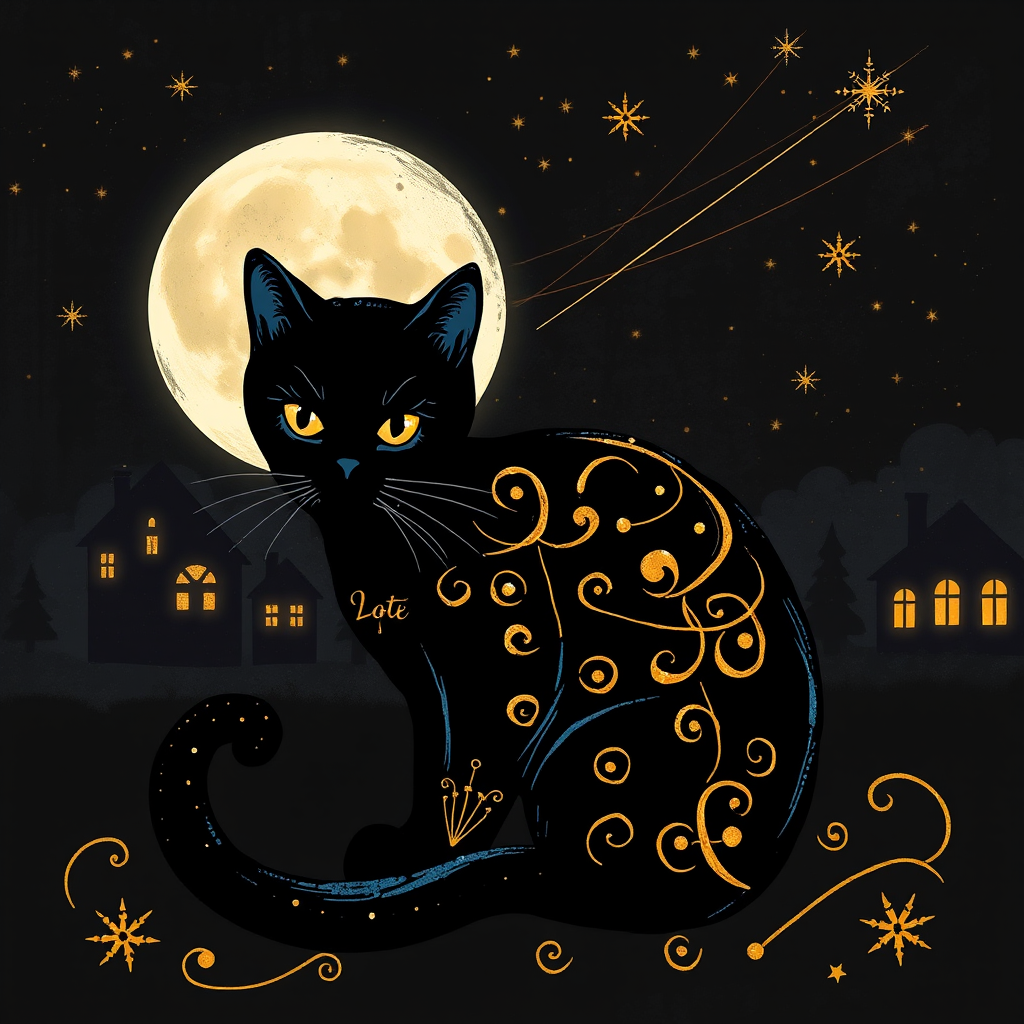 a stylized black cat with iridescent golden arabesques all over its body, on a grungy smoky black background with matching celestial designs, a full moon with silhouettes of lit houses, bright shooting stars, dazzling, magical BG, reminiscent of Christmas wonderland