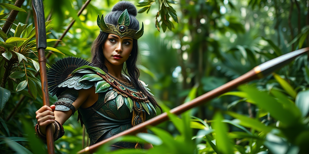 Generate a high-resolution image of a female warrior in a lush green jungle, wearing intricately designed armor made of leaves and ornaments, holding a spear, captured with a 35mm lens, f/2.8 aperture, ISO 100, soft natural lighting, shallow depth of field, shot from a low angle to emphasize strength and elegance.