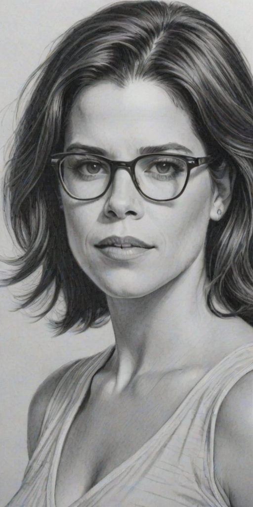 Radiant Neve Campbell, pencil sketch, portrait of Elegant woman 1980s in glasses, hair style beatnik, outline, clear lines, fine lines, 8k