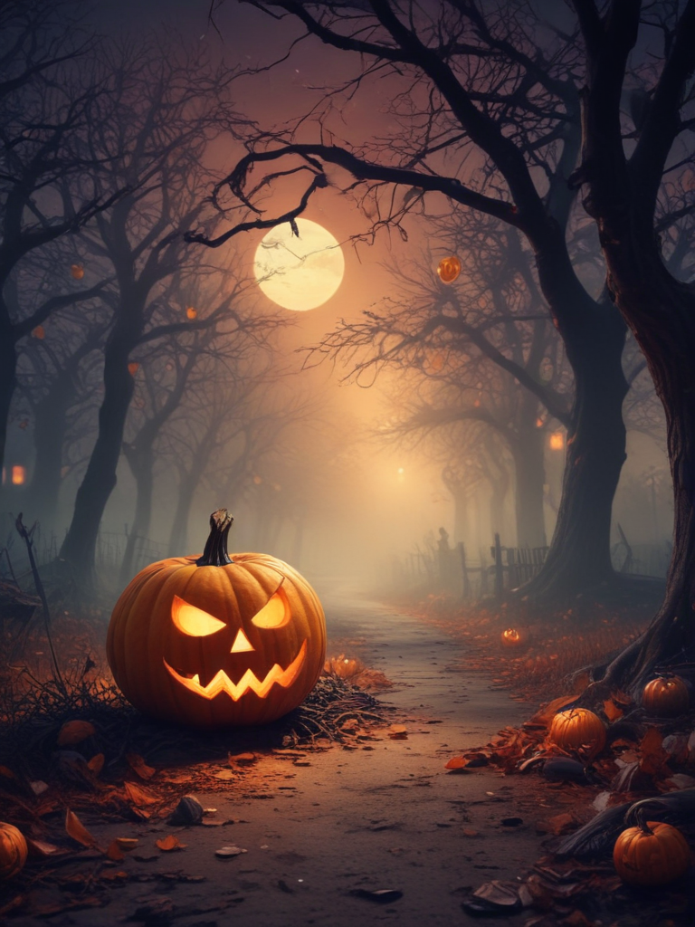 Spooky Halloween Night with a Glowing Jack-o'-Lantern Under Full Moon