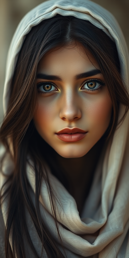 Create a portrait of a young Kurdish woman with long, dark hair and captivating hazel eyes. She is wearing a white headscarf and a matching scarf draped gracefully around her neck. The background is softly blurred, focusing attention on her serene and natural expression. The overall color palette is muted and warm, enhancing the intimate and authentic feel of the portrait.