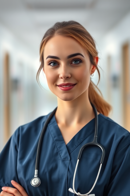 Create a portrait of a female medical professional in a hospital setting, captured with a Canon EOS R5 at 50mm f/1.8, ISO 100, 1/125s, with soft, diffused lighting and a shallow depth of field for a blurred background effect.