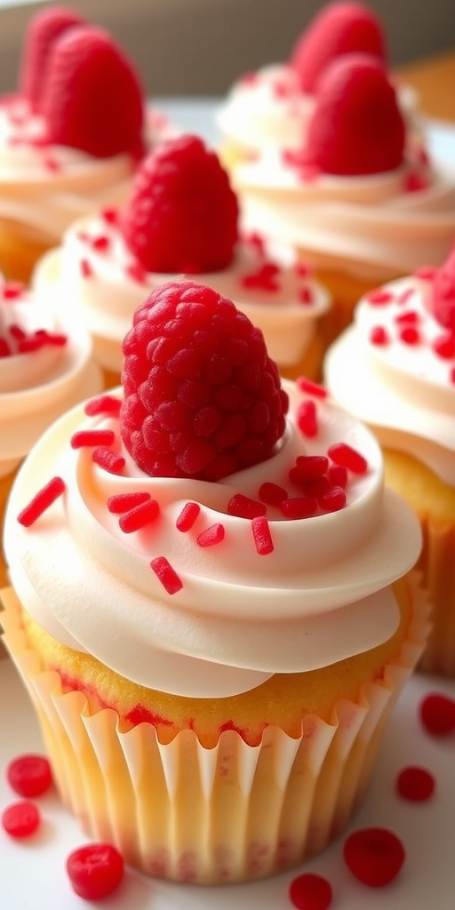 Deliciously decorated raspberry cupcakes with creamy frosting topped with fresh raspberries and a sprinkle of red candy pieces in a bright and inviting setting.