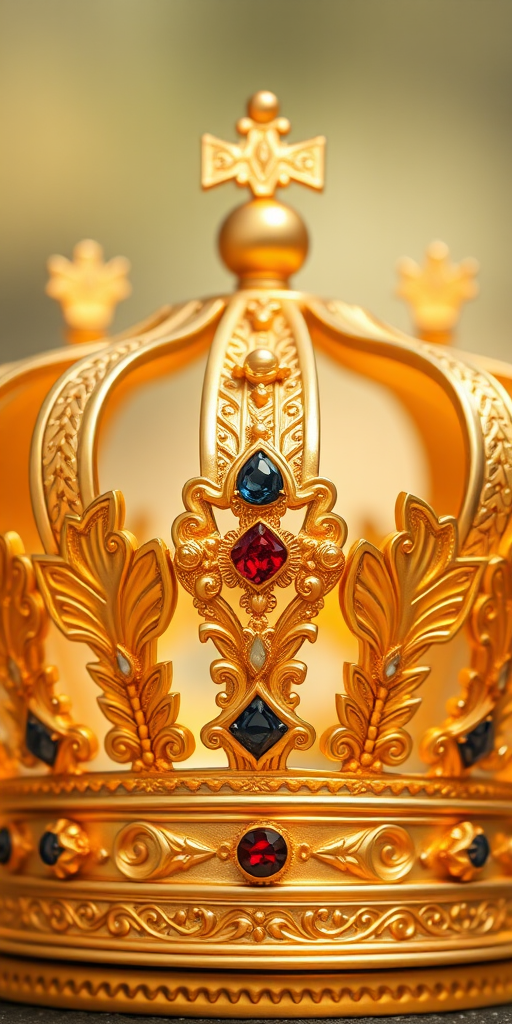 Create an intricate golden crown design with ornate patterns and jewels, shot in high resolution using a DSLR camera, 50mm lens, f/2.8 aperture, ISO 100, natural lighting, and soft focus background for enhanced image quality.