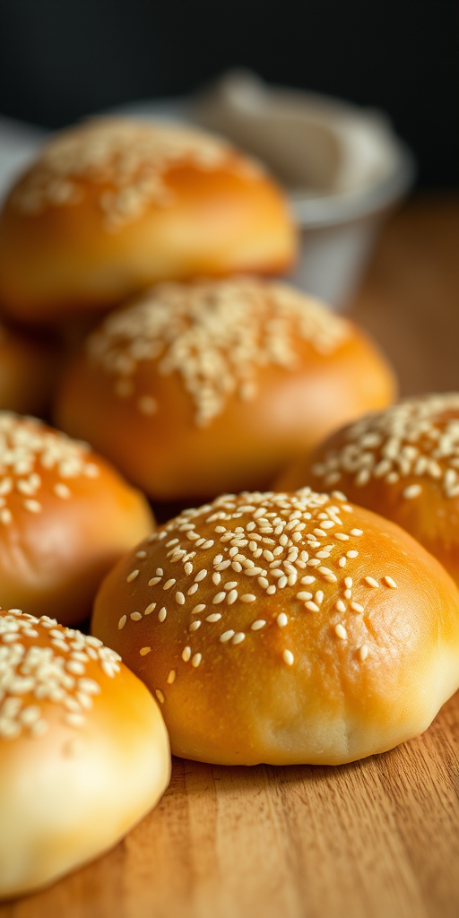 close-up of freshly baked sesame seed rolls on a wooden surface, natural light, f/2.8 aperture, 50mm lens, shallow depth of field, DSLR camera