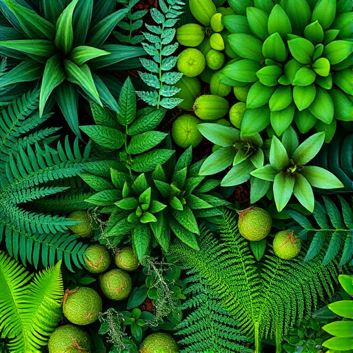 top-down view of a lush arrangement of various green plants and ferns, natural lighting, aperture f/8, ISO 100, shutter speed 1/125 sec, DSLR camera, macro lens for detail enhancement
