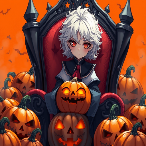 Create a high-resolution digital illustration of a character with white curly hair and red eyes sitting in a throne surrounded by carved pumpkins, set against an orange backdrop, shot with a 50mm lens at f/1.8, using a DSLR camera, in vibrant colors and detailed textures.