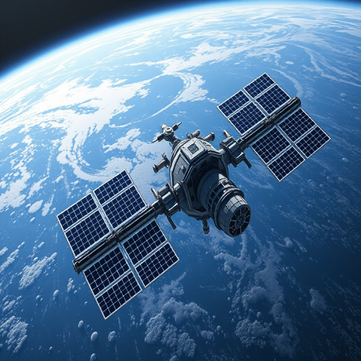 Create a high-resolution digital illustration of a modern space station in orbit with detailed solar panels, using a DSLR camera settings of f/8, ISO 100, and 1/250s shutter speed, in a wide-angle view to capture the entire structure, rendered in a realistic, photorealistic style.