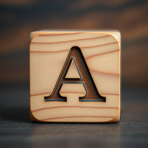 Create a wooden block featuring a prominent letter "A" on the front with a smooth, glossy finish, captured in a close-up shot using a DSLR camera at f/2.8, ISO 100, and a 50mm lens, with soft natural lighting to enhance the textures and colors.
