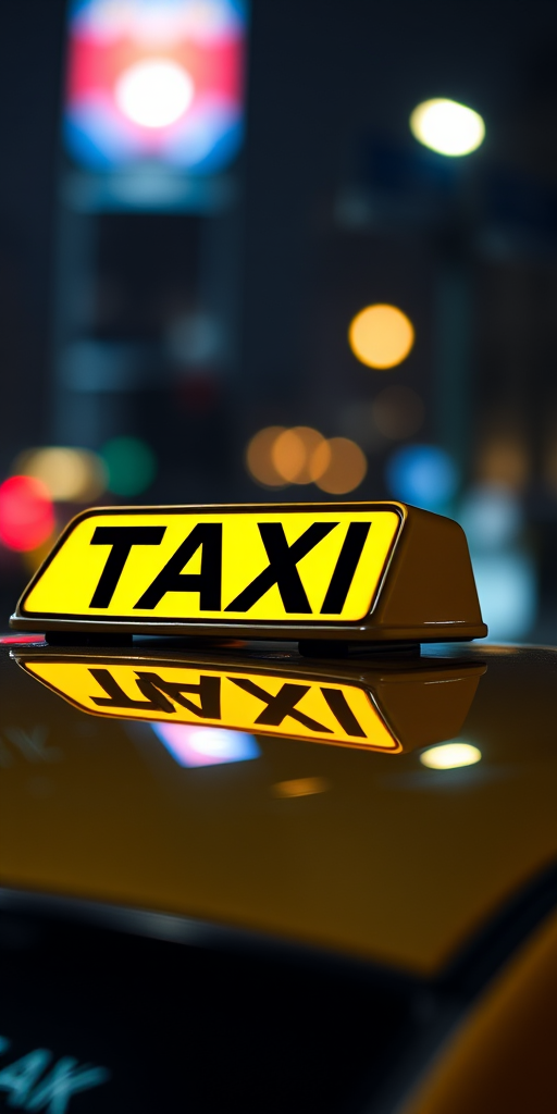 Create an image of a taxi sign illuminated at night, with a shallow depth of field, capturing soft bokeh lights in the background, using a DSLR camera, 50mm lens, f/1.8 aperture, ISO 200, shutter speed 1/200s, from a low angle view to emphasize reflections on the taxi roof.