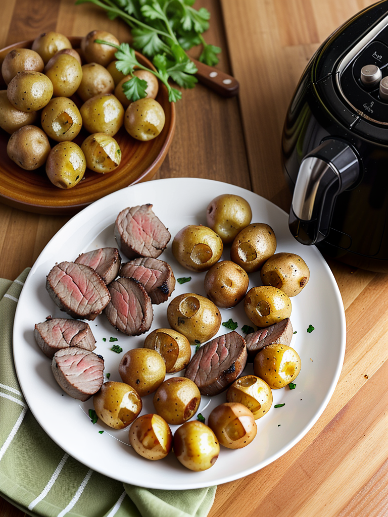 air fryer garlic steak bites and potatoes