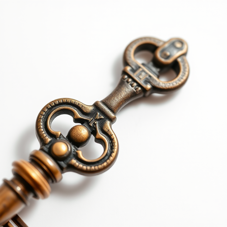 Create an image of an antique key with detailed textures, shot in natural light at an aperture of f/2.8, ISO 100, focal length of 50mm, using a macro lens for close-up detail, in a studio setting with a white backdrop for clarity.