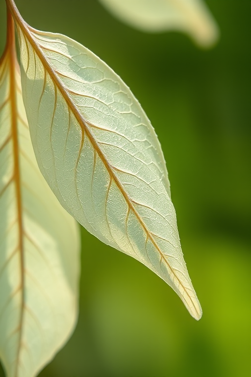 Create a close-up macro photograph of delicate, translucent leaves with intricate vein patterns against a softly blurred green background, using a DSLR camera with a 100mm macro lens, aperture set to f/2.8 for shallow depth of field, ISO 200 for clarity, and natural lighting to enhance the ethereal quality.