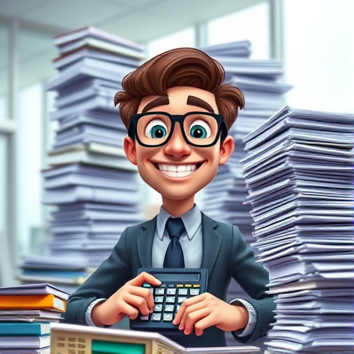 Create a cartoon character of a grinning businessman surrounded by towering piles of paperwork and a calculator, in a brightly lit office, using a Canon EOS R5 with a 50mm f/1.2 lens, shooting at f/2.8, ISO 100, and a shallow depth of field for vibrant colors and sharp details.