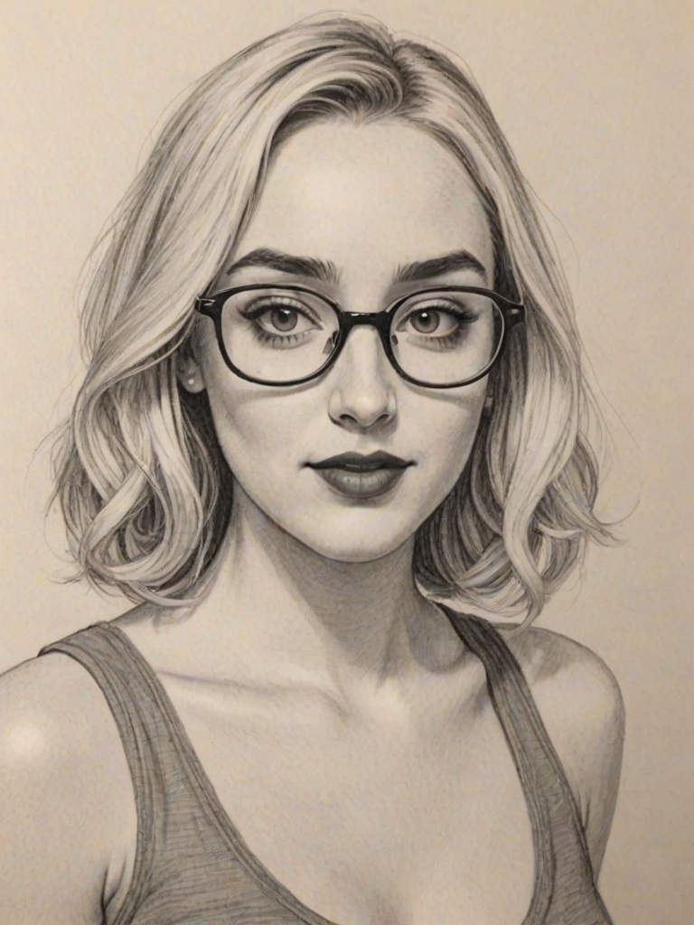 Exquisite Harley Quinn Smith, pencil sketch, portrait of Radiant woman 1967s in glasses, hair style beatnik, outline, clear lines, fine lines, 8k