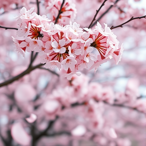 Generate an image of a cherry blossom tree in full bloom with petals falling, captured in a shallow depth of field at f/1.8, ISO 200, and a shutter speed of 1/250s using a DSLR camera in macro mode, emphasizing vibrant colors and a soft bokeh background.