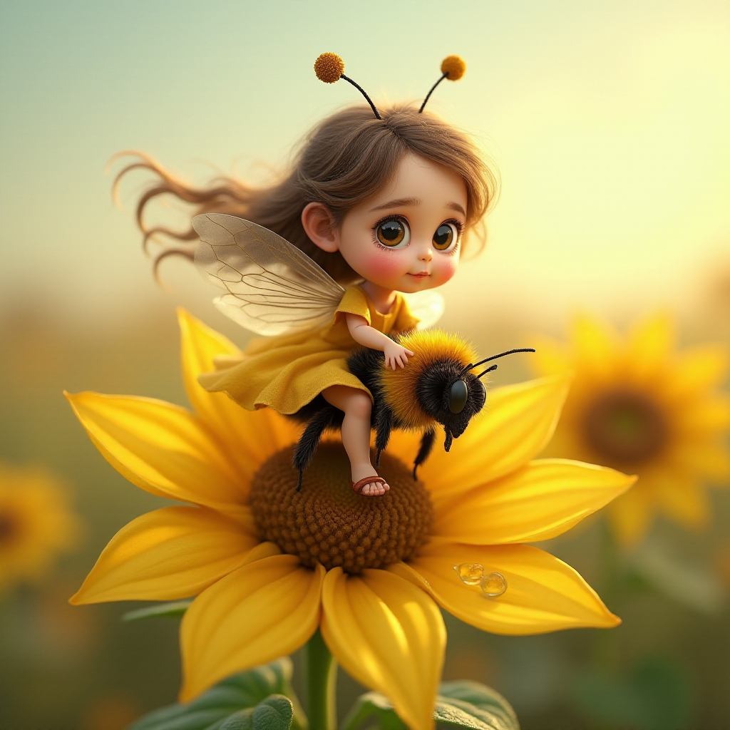 a whimsical cute girl with big eyes, big hair and flowing dress, riding astride a bumble bee, and flying across the top of the sunflower, which are just waking up, and catching dew drop of rain