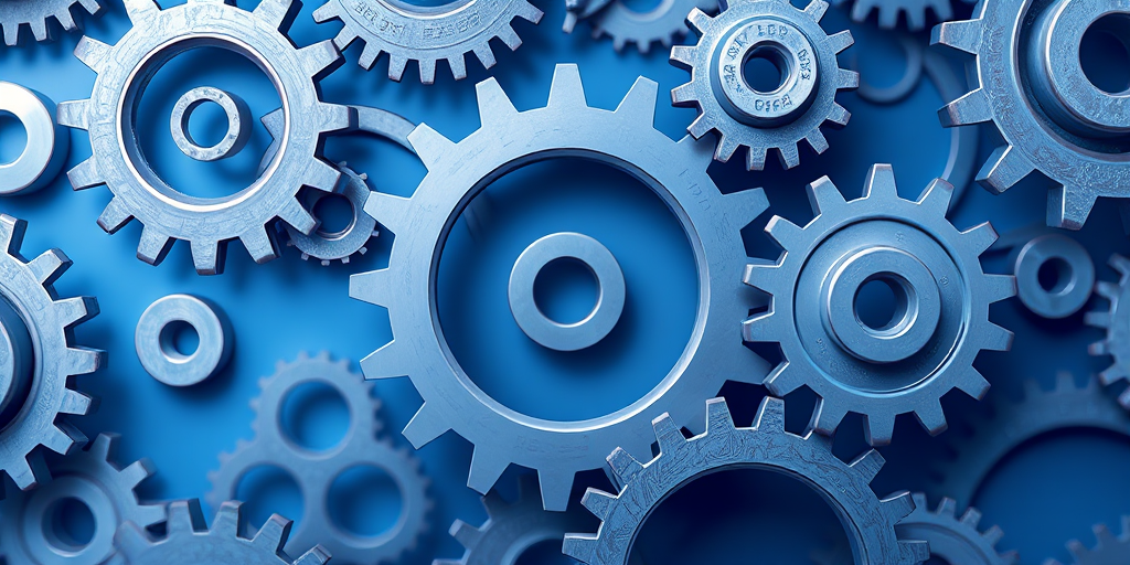 create a seamless abstract background featuring overlapping gears in various sizes with a gradient blue color scheme, using a Canon EOS R5 camera with a 50mm lens at f/1.8, ISO 100, and 1/125s shutter speed, in a macro photography style with a shallow depth of field to enhance image quality.