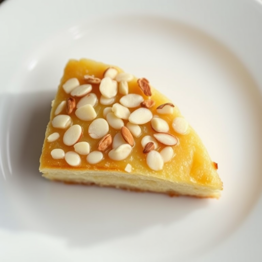 close-up of a slice of almond-topped pastry on a white plate, soft natural lighting, f/2.8 aperture, 50mm lens, ISO 200, shallow depth of field, DSLR camera, top-down view