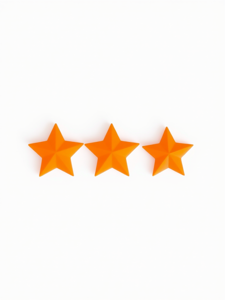 Create an image of a row of five orange stars, with the first three filled in and the last two outlined, using a shallow depth of field, f/2.8 aperture, 50mm lens, and shot from an overhead view for clarity and enhanced color contrast.