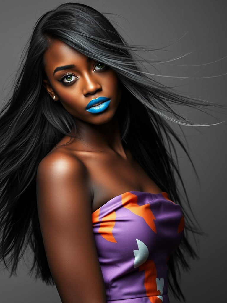 Photographic image of a beautiful young Mulatto woman, green eyes, lips with blue lipstick, long hair fluttering in the wind and wearing a silk strapless dress with a soft purple and orange print. monochrome image with only color highlights in the iris of the eyes, lipstick and dress. Gray background.