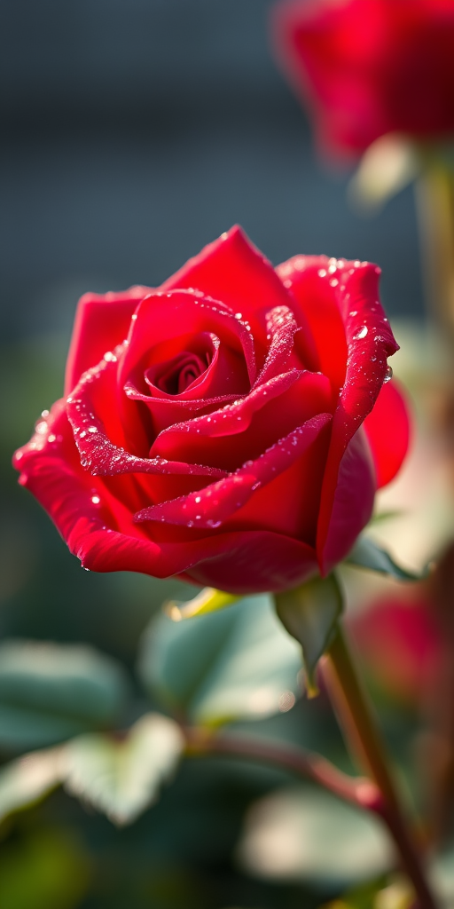 Generate a vivid close-up image of a red rose with dew droplets, shot with a Canon EOS R5, 85mm lens at f/1.8, ISO 100, with soft natural lighting to enhance detail and contrast.