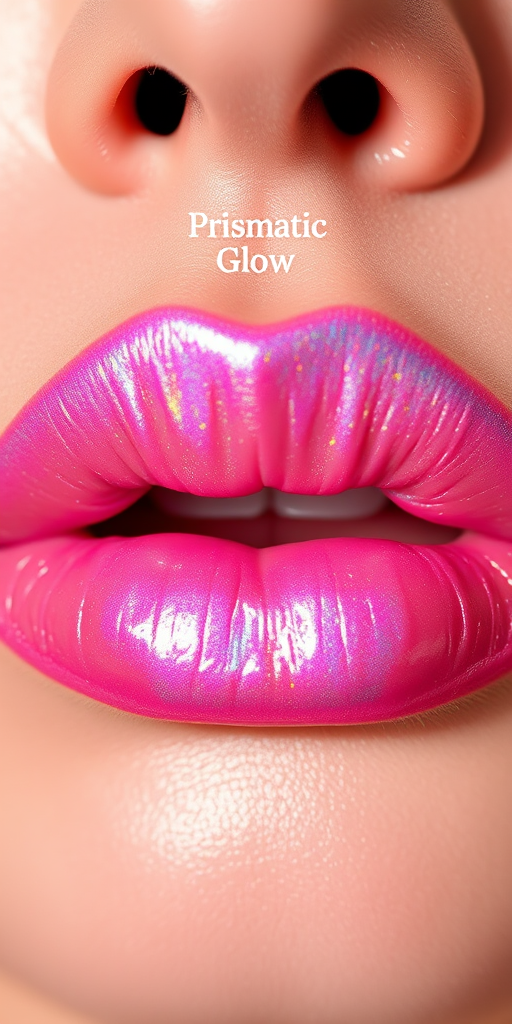 Holographic lip oil titled "Prismatic Glow," nourishing lips while imparting a subtle rainbow sheen and hydrated look