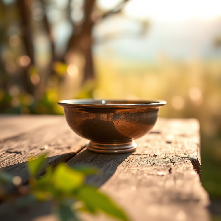 A detailed close-up shot of a beautifully crafted bronze bowl on a rustic wooden table, surrounded by soft bokeh lights in a tranquil natural setting, with a warm color palette; camera settings: ISO 100, aperture f/2.8, shutter speed 1/60s; using a Canon EOS R with a 50mm lens; shot in natural light for enhanced clarity and depth.