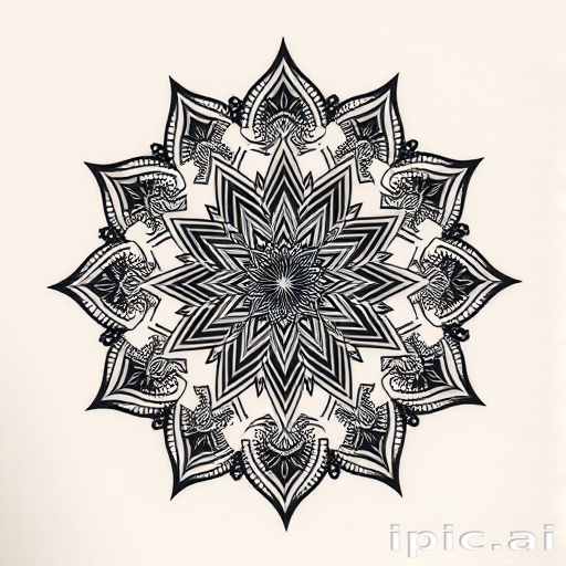 Dotwork mandala tattoo named "Cosmic Harmony" featuring intricate patterns and sacred geometry, created entirely with thousands of tiny dots in varying densities to achieve a mesmerizing 3D effect