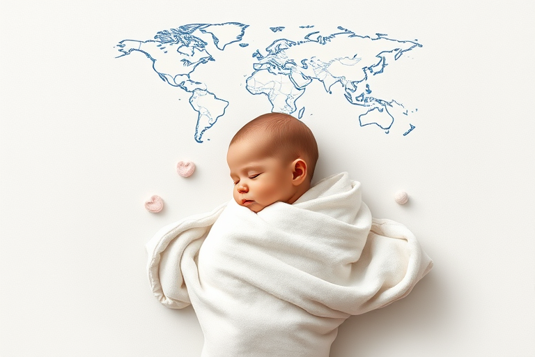 Create a minimalistic illustration of a sleeping baby wrapped in a blanket, dreaming of a world map above, using a 50mm lens at f/2.8, natural lighting, captured in a flat lay style with a DSLR camera to enhance image quality.