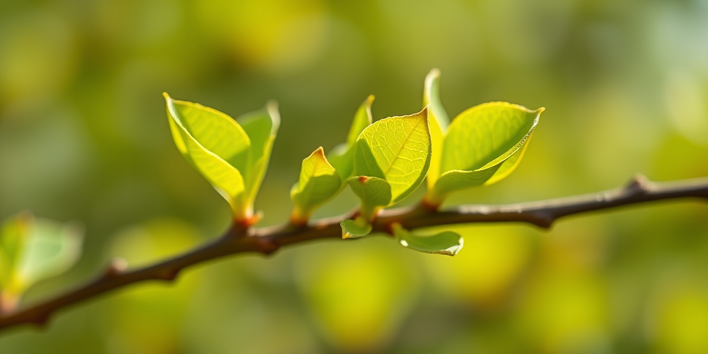 Capture a close-up of new green leaves emerging from a branch, using a Canon EOS R5 camera, 85mm f/1.4 lens, aperture set to f/2.8 for a soft bokeh effect, ISO 200, with natural light and a shallow depth of field to enhance detail and richness in color.