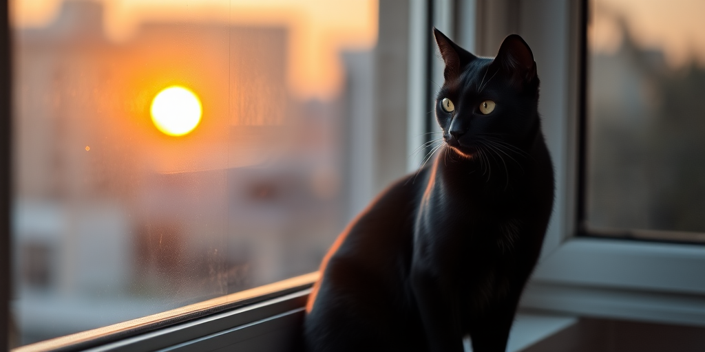 Generate a high-resolution image of a sleek black cat sitting on a windowsill during sunset with soft lighting, using a DSLR camera with a 50mm lens, aperture f/1.8, ISO 200, and a shallow depth of field.