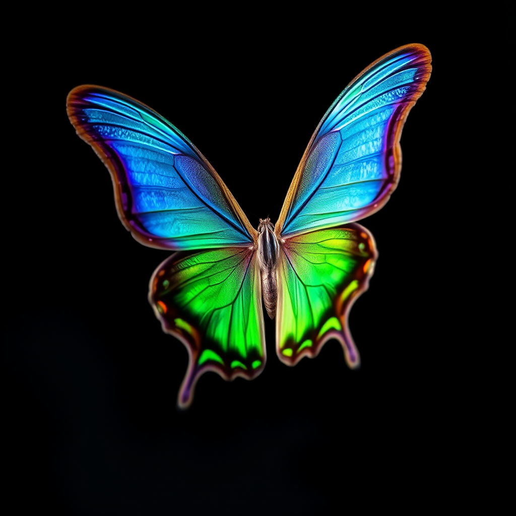 A vibrant butterfly with intricate blue and green wings, perched gracefully against a dark background, captured using a DSLR camera at 50mm focal length, f/2.8 aperture, ISO 100, with a shallow depth of field and natural lighting to enhance color saturation and details.