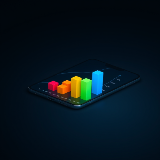 Create a 3D rendering of a smartphone displaying colorful bar graphs in a dark background, using a Canon EOS 5D camera, 50mm lens, aperture f/2.8, ISO 100, with a soft focus effect and a slight top-down angle for depth.