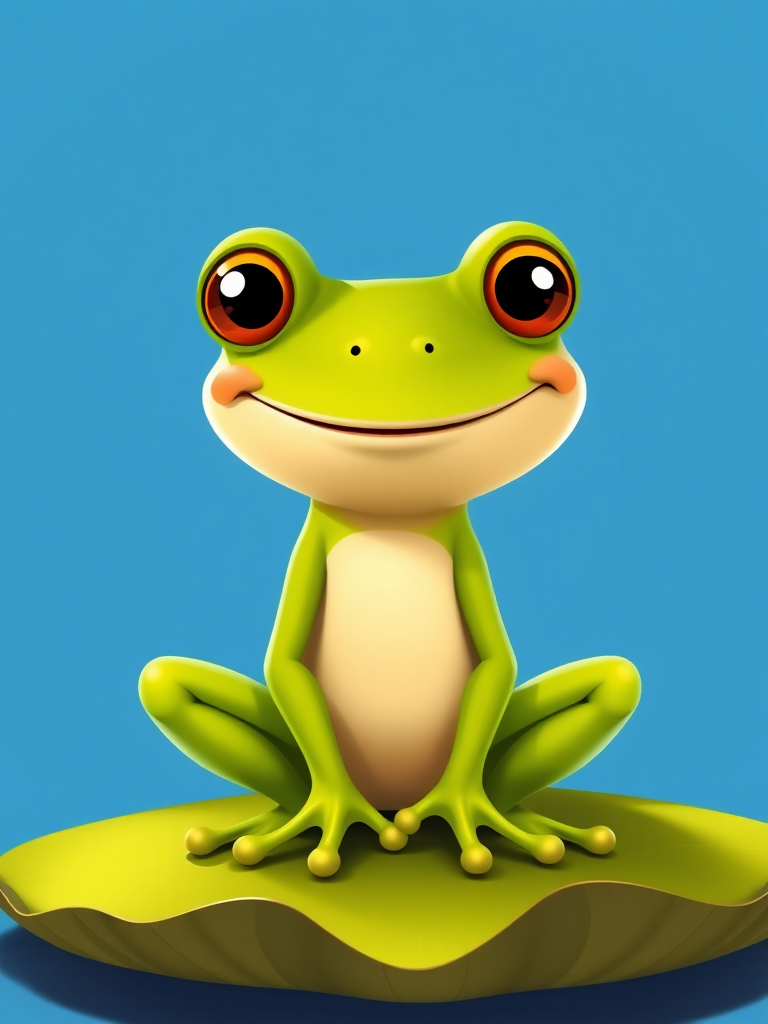 Generate a cartoon-style image of a smiling green frog sitting on a lily pad, with a solid blue background, shot with a DSLR camera at f/4 aperture, 1/100s shutter speed, and ISO 100, using a close-up perspective to enhance details.