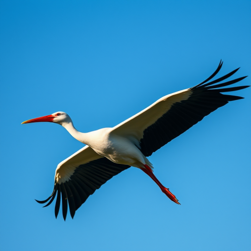 A stork in mid-flight with a clear blue sky background, captured using a Canon EOS 5D Mark IV, 85mm lens, f/4 aperture, ISO 100, 1/1000 shutter speed, soft focus on the wings, and vibrant color saturation to enhance the details and contrast.