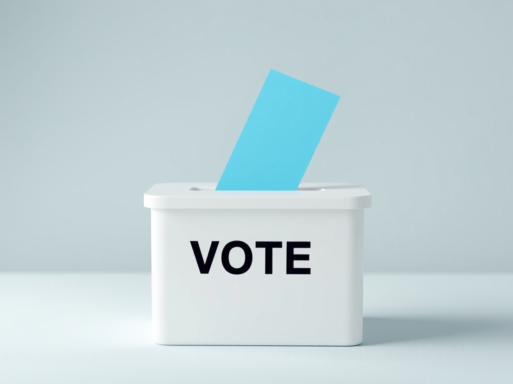 create a 3D-rendered image of a ballot box with a blue voting slip inserted, using a DSLR camera with a wide-angle lens, aperture f/2.8, ISO 100, and a soft-focus background to enhance depth and clarity.