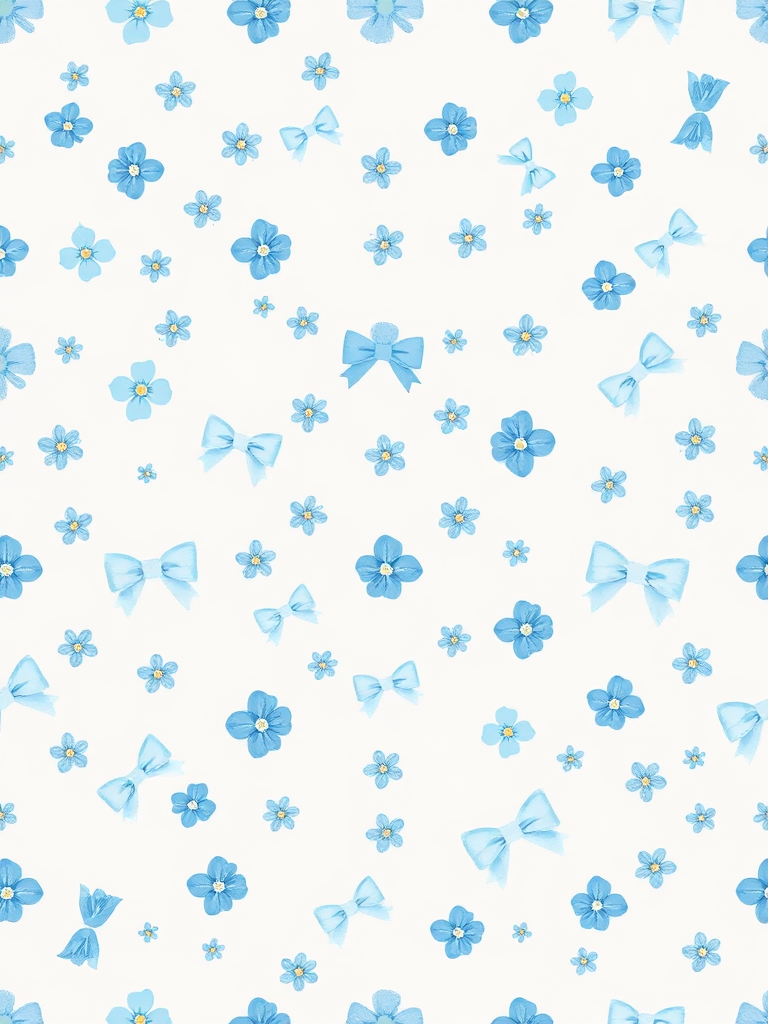 Create a seamless pattern featuring small blue flowers and light blue bows on a white background. The flowers should vary in size and shape, while the bows should be evenly spaced throughout the design, creating a delicate and charming aesthetic.