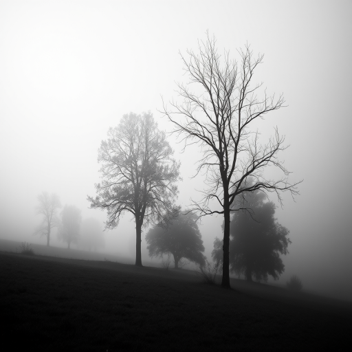 create a black and white landscape image featuring silhouetted trees in a foggy atmosphere, shot with a DSLR camera using a 50mm lens, aperture f/1.8, ISO 200, shutter speed 1/250s, at a low angle view to emphasize depth and texture.