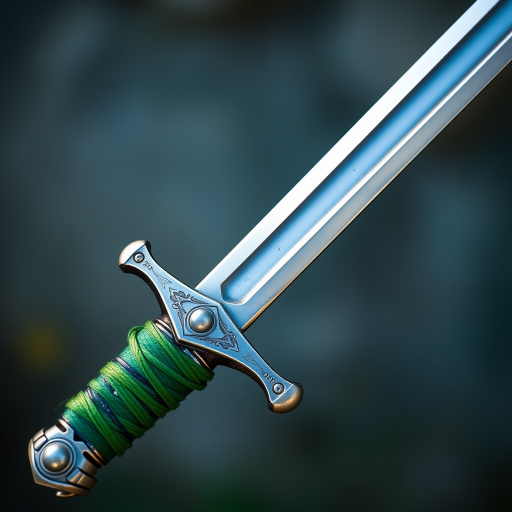 Create a high-resolution image of a sword with a shiny silver blade and a detailed hilt wrapped in green, use a 50mm lens at f/8 aperture, set ISO to 100, with a soft focused background and vibrant colors, captured in natural lighting.