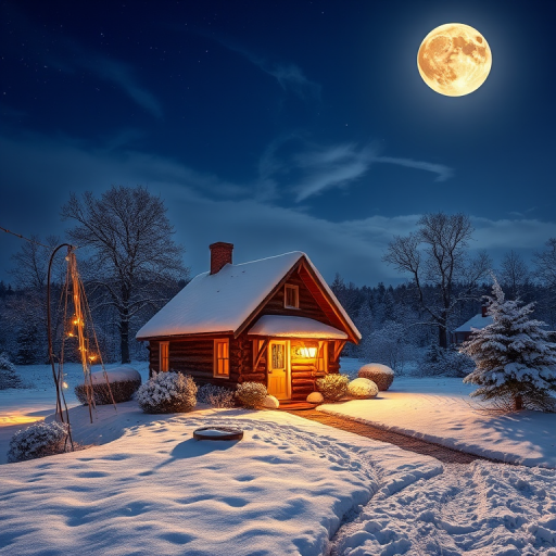 Capture a cozy winter scene featuring a charming cottage in a snowy landscape under a night sky with a full moon, using a DSLR camera with a 35mm lens at f/8, ISO 200, shutter speed 1/60s, in HDR style for enhanced detail and vibrant colors.
